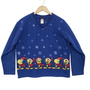 Vintage Y2K Classic Looney Tunes Tweety‎ Bird Christmas Fleece Sweater V Neck